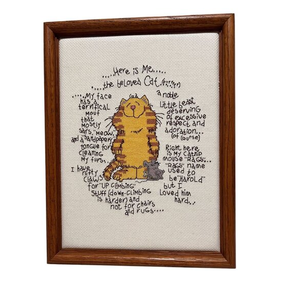 Framed Janlynn Beloved Cat Finished Cross Stitch Art 13" x 11" Wood Frame - Picture 1 of 5